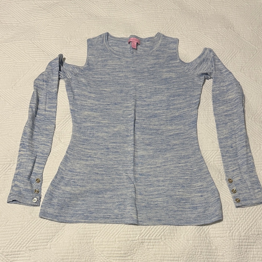 Light Blue Lilly Pulitzer Cold Shoulder Sweater with Button Accents